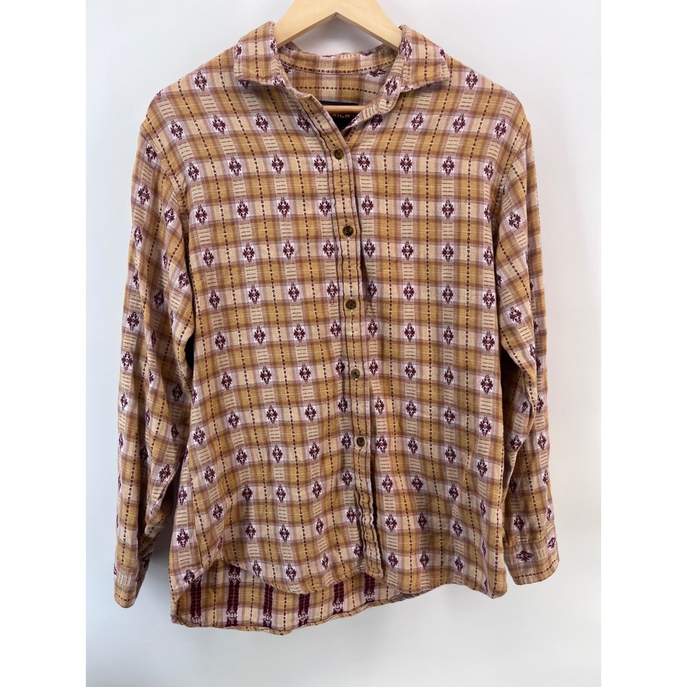 Plaid Southwestern Cotton Button Down Shirt Tan Mens M Country Rustic Fringe